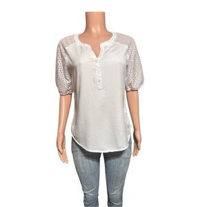 Retrology short embroidery sleeve white Henley blouse M